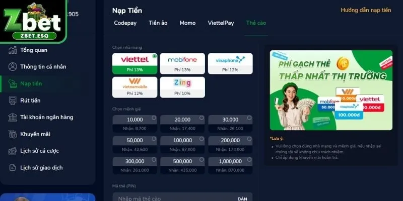 Gửi tiền ZBET bằng thẻ cào