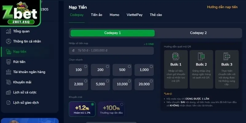 Nạp tiền ZBET qua Paycode